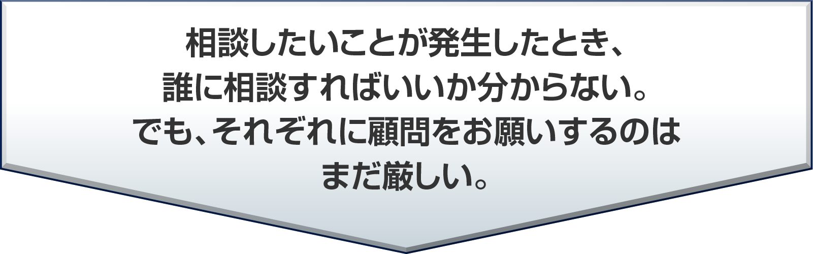 相談したいことが発生したとき、誰に相談すればいいか分からない。でも、それぞれに顧問をお願いするのはまだ厳しい。